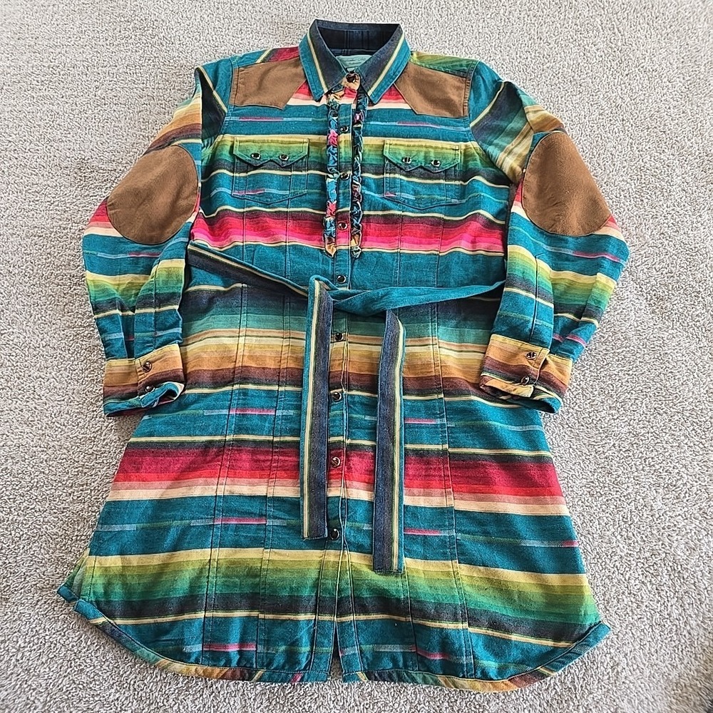 Tasha Polizzi Colt 44 Tunic Shirt Dress With Belt Striped Pearl Snap Womens Sz S